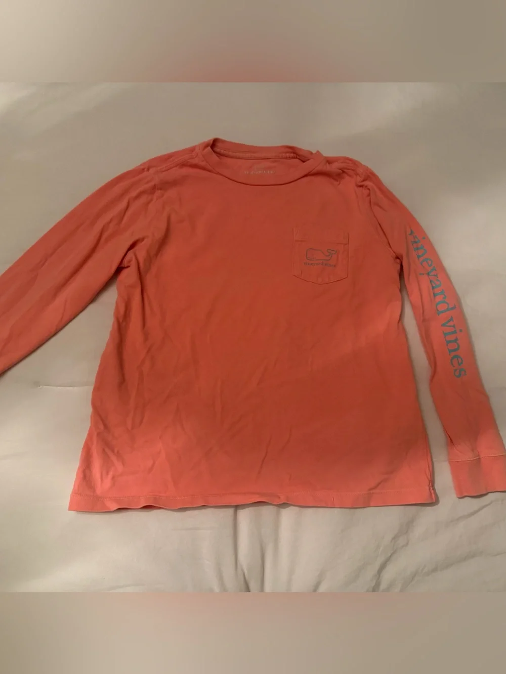 Boys size 7 long sleeve shirt vineyard vines coral aqua blue whale logo